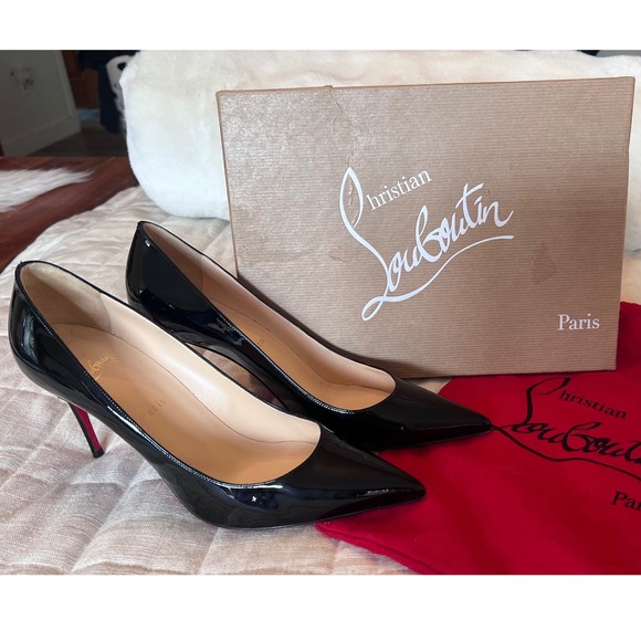 Christian Louboutin Kate 85 Patent Point 39 Toe Red Bottom Heel Blck Box Dustbag - Picture 1 of 10